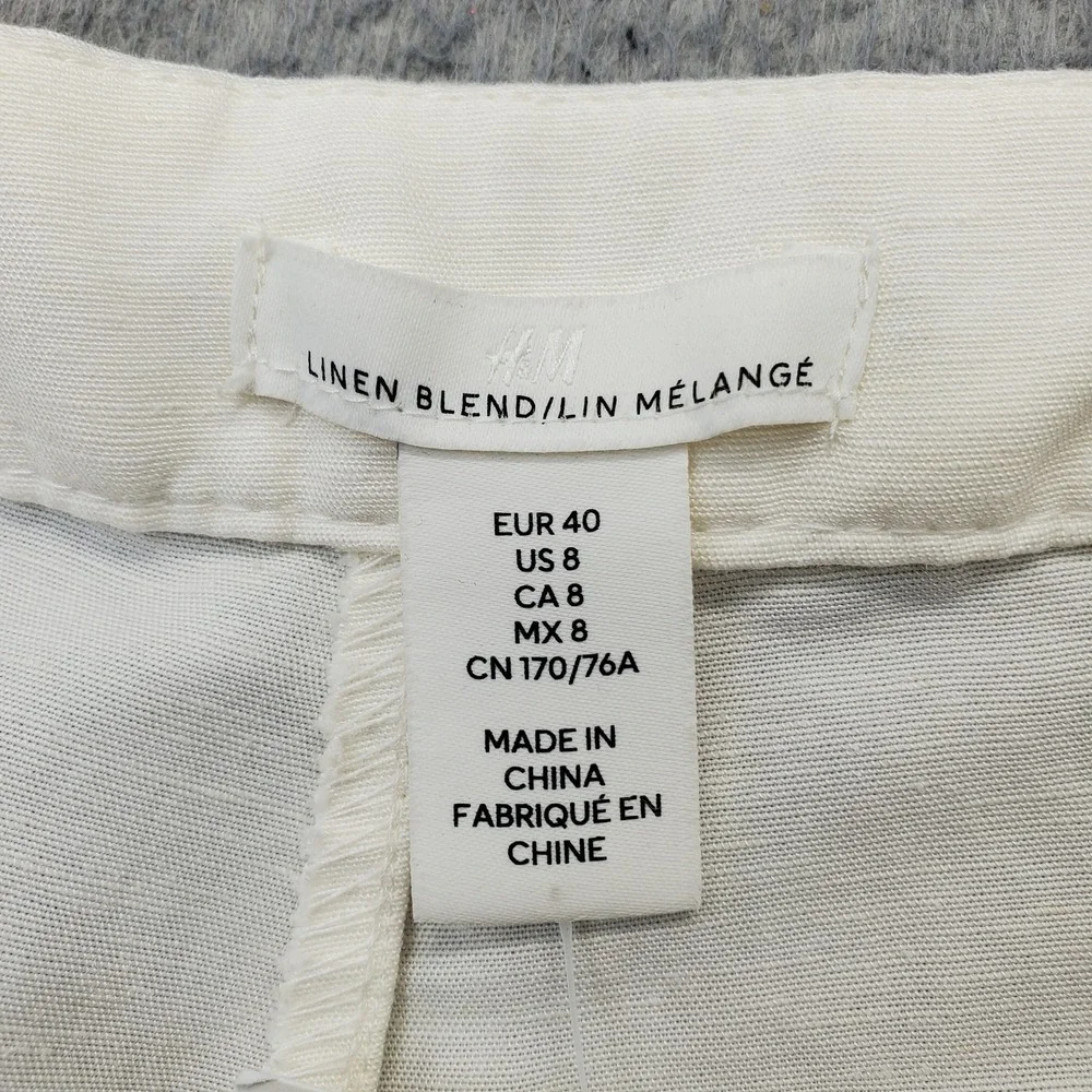 H&M Wide Leg Pants Womens 8 White Linen Blend Melange Flowy Chic Mid Rise